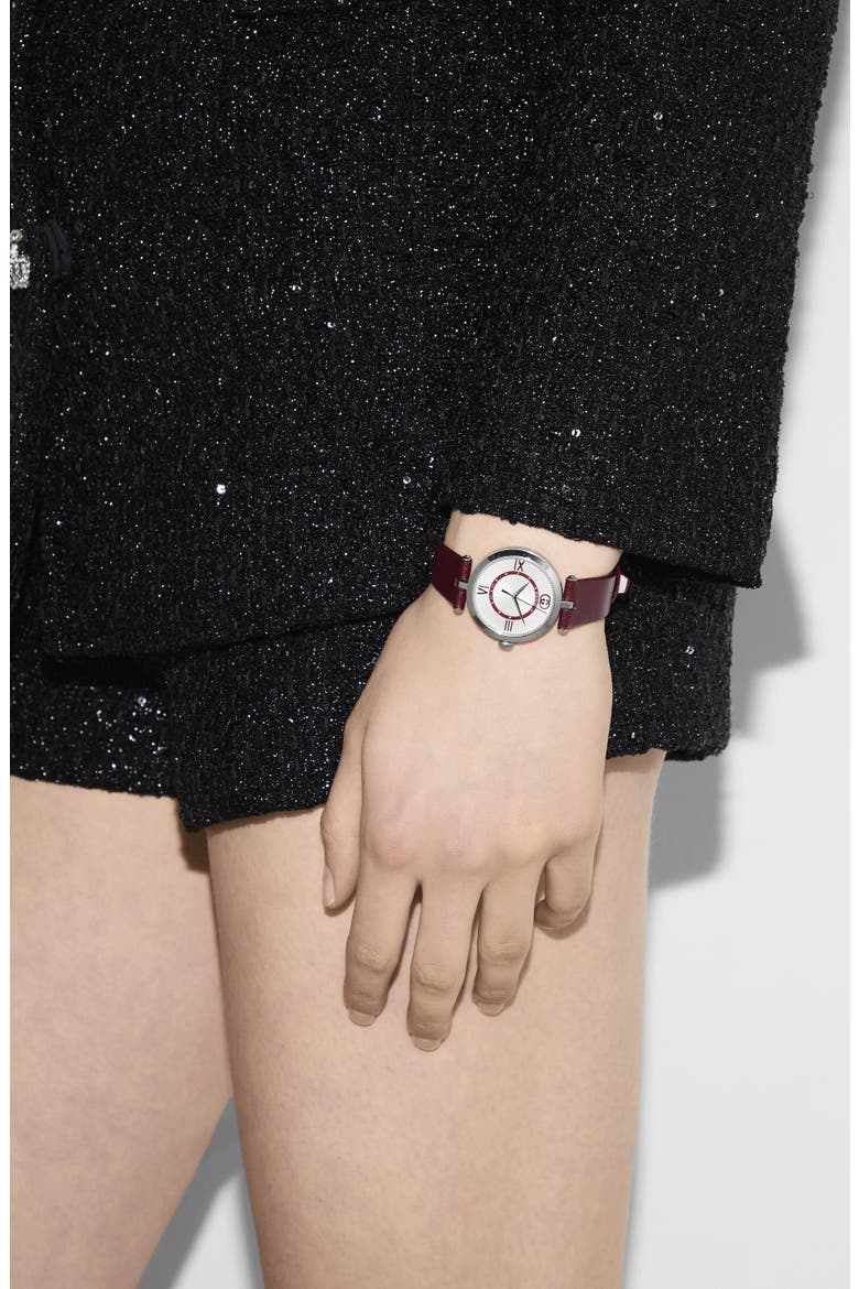 Model 2000 Leather Strap Watch, 30.5mm, Alternate, color, BURGUNDY/ SILVER