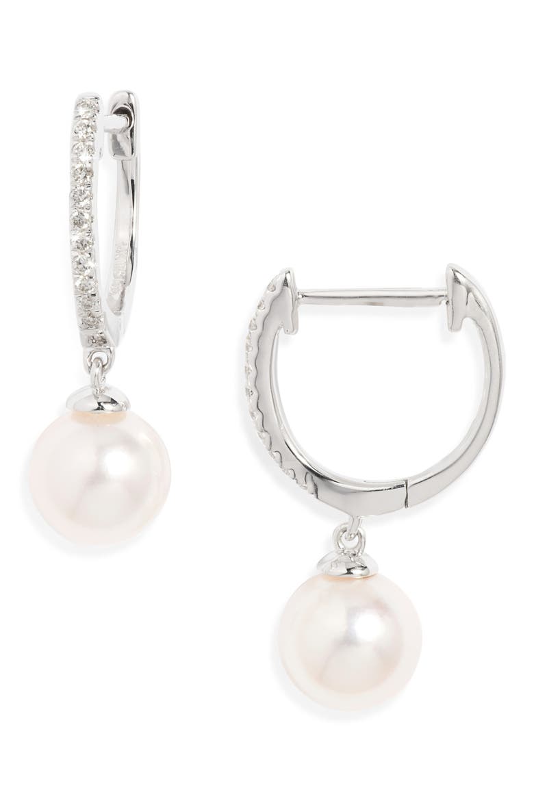 Diamond & Akoya Pearl Hoop Earrings, Main, color, WHITE- 14K WHITE GOLD