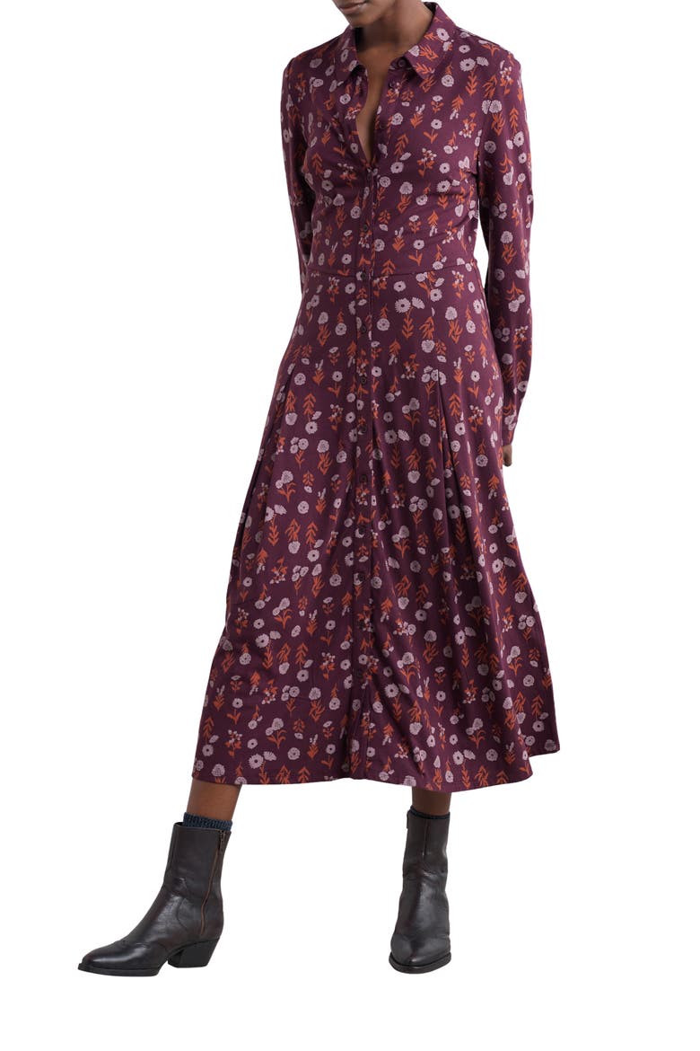 Coastline Print Long Sleeve Organic Cototn Blend Midi Shirtdress, Main, color, FLOWER SHADOW DARK HELLEBORE