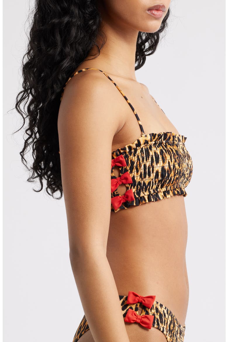 Leopard Smocked Bow Bandeau Bikini Top, Alternate, color, BROWN