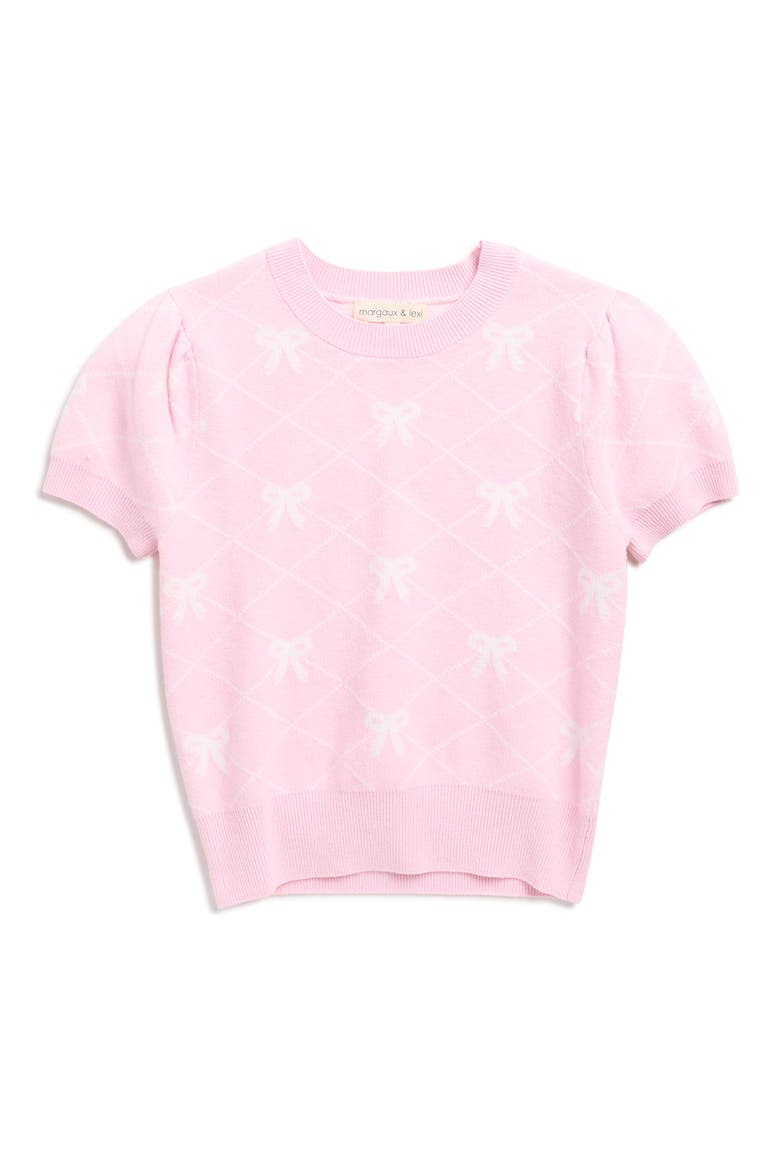 Kids' Bow Jacquard Short Sleeve Sweater, Main, color, NATURAL PINK/ MARSHMALLOW