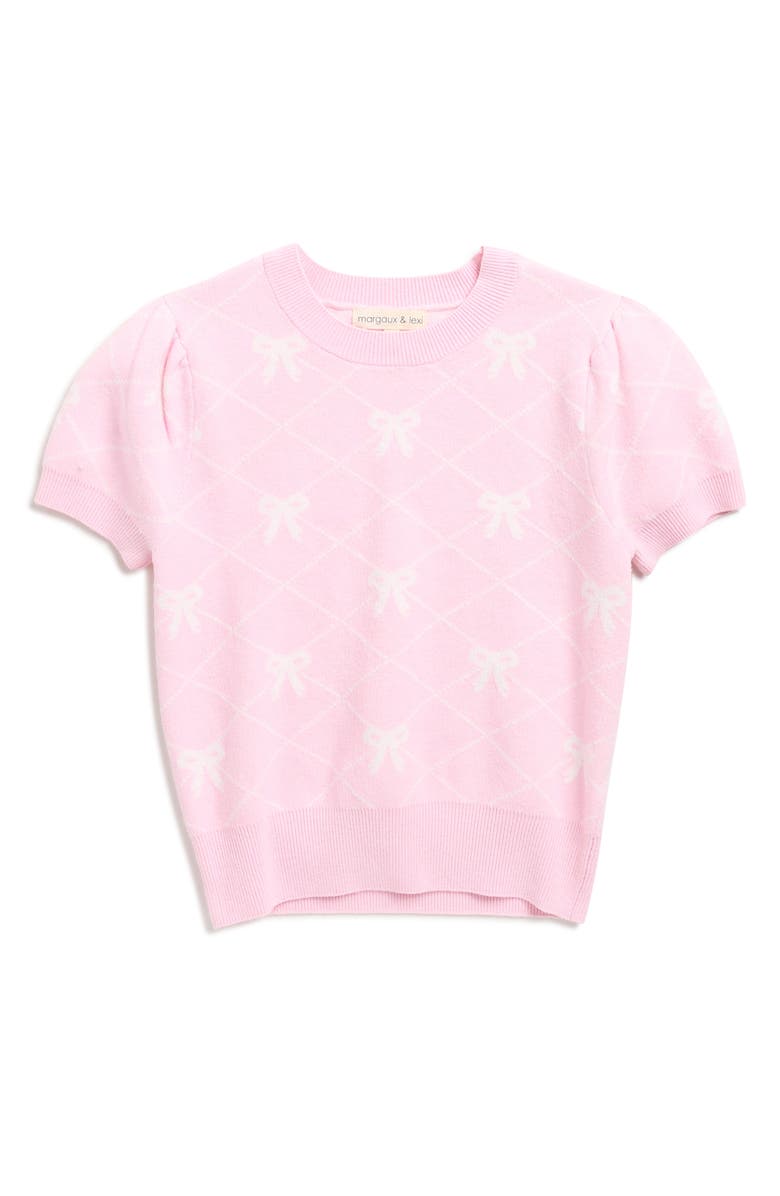 MARGAUX AND LEXI Kids' Bow Jacquard Short Sleeve Sweater, Main, color, Natural Pink/ Marshmallow
