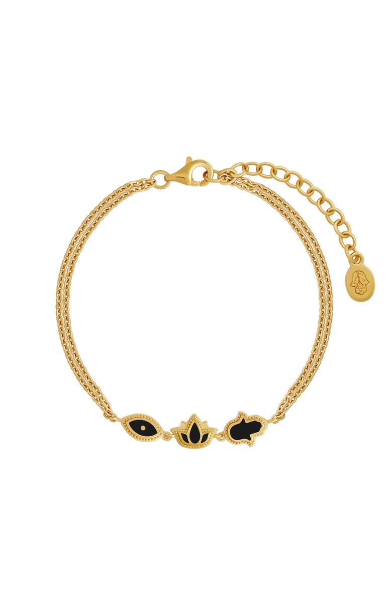 Karma and Luck Multi Charm Onyx Gold Plated Bracelet Sacred Poise, Main, color, Gold/Black