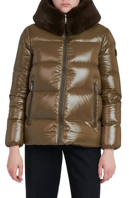 The Recycled Planet Company Water Resistant Nylon Down Puffer Coat with Faux Fur Trim in Olive  product