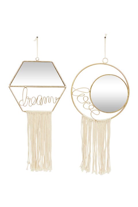 Gold Metal Handmade Dream, Love Wall Mirror with Fringe Tassels - Set of 2