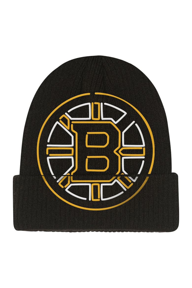 Youth Mitchell & Ness  Black Boston Bruins Neon Line Lights Cuffed Knit Hat, Main, color, Black