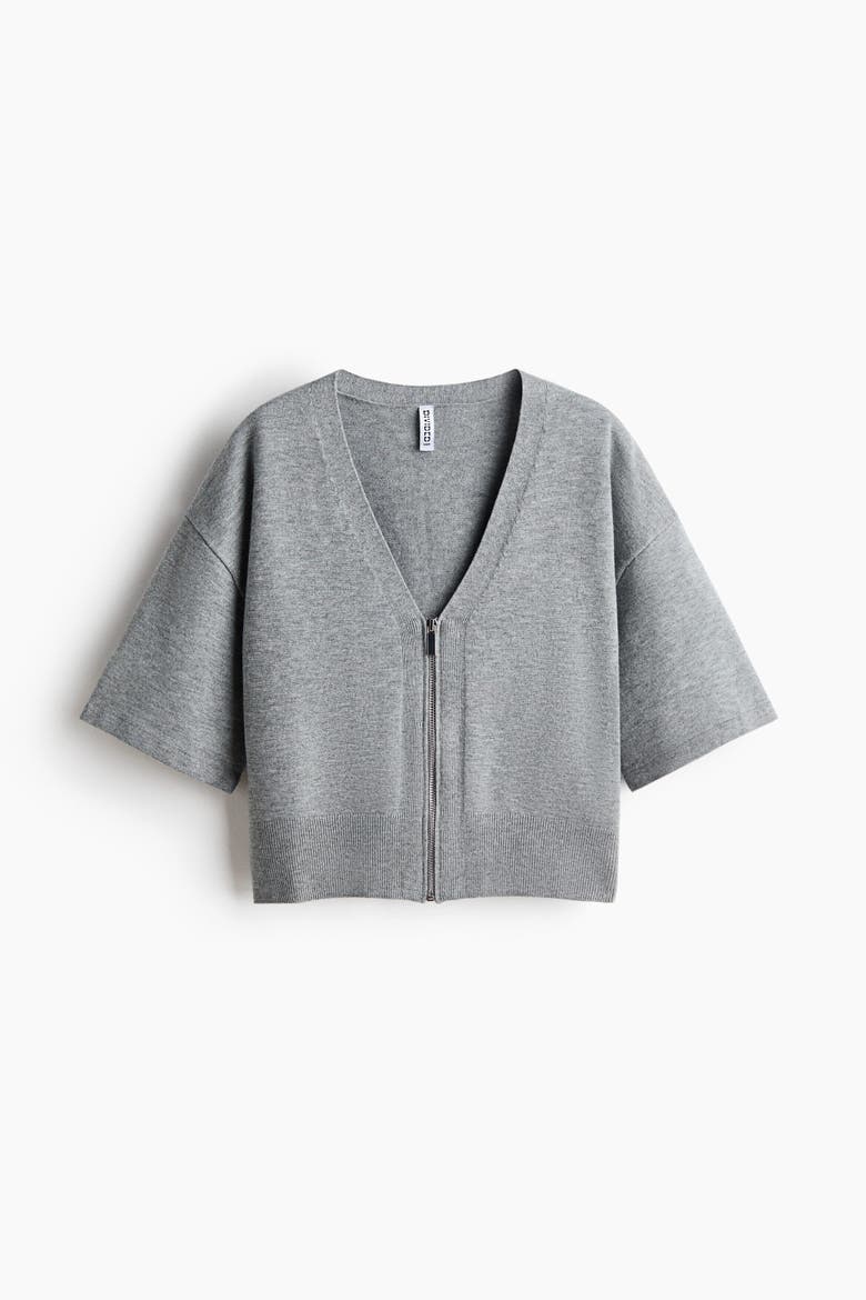 Short-sleeved Cardigan With Zipper, Alternate, color, Gray melange