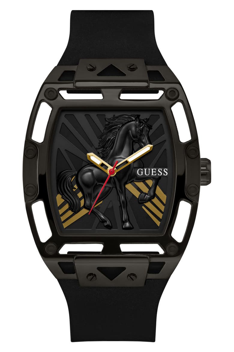 Legend Year of the Horse Tonneau Silicone Strap Watch, 44mm, Main, color, BLACK
