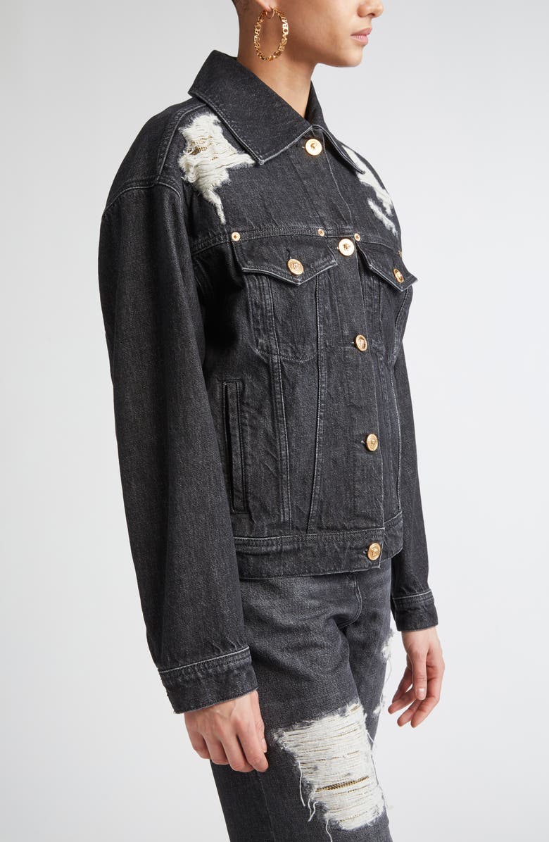 Versace Rip & Repair Denim Trucker Jacket, Alternate, color, Black