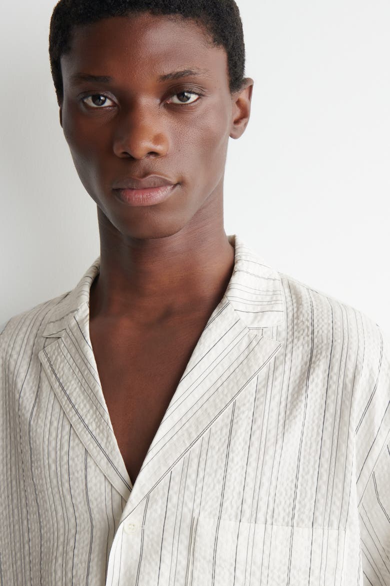 Striped Textured Camp-collar Shirt, Alternate, color, WHITE / STRIPED