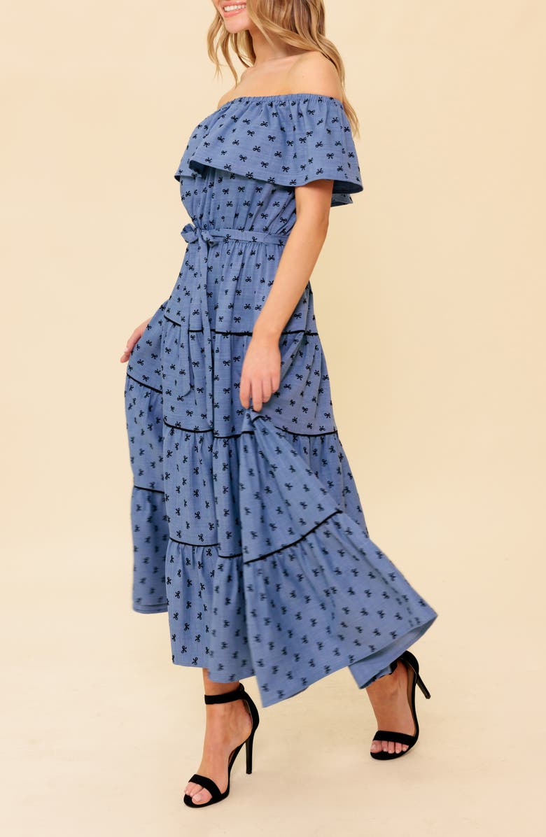 FLYING TOMATO Off the Shoulder Tiered Chambray Maxi Dress, Alternate, color, Chambray