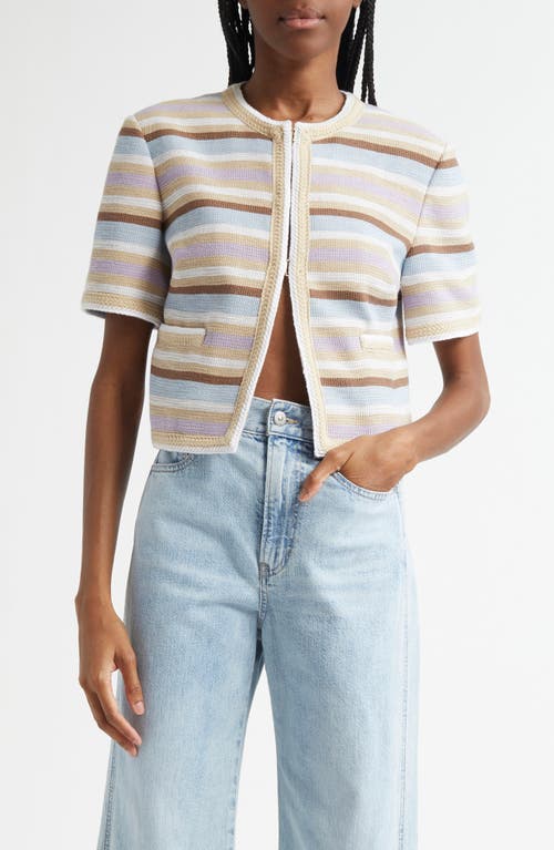 Veronica Beard Wyatt Striped Short-sleeve Jacket In Stone Khaki Multi