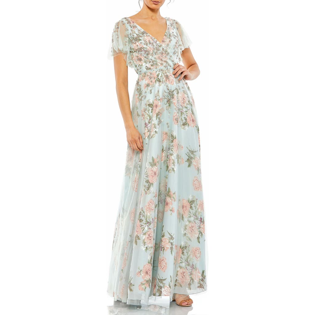 Mac Duggal Embellished Floral Gown With Mesh Flutter Sleeves And Beaded Waist In Blue Multi