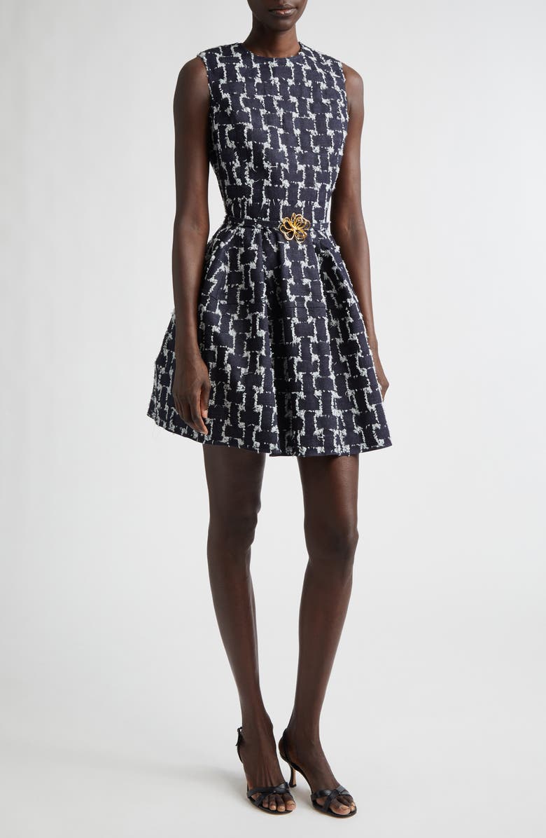 Oscar de la Renta Frayed Jacquard Denim Fit & Flare Minidress, Main, color, Indigo