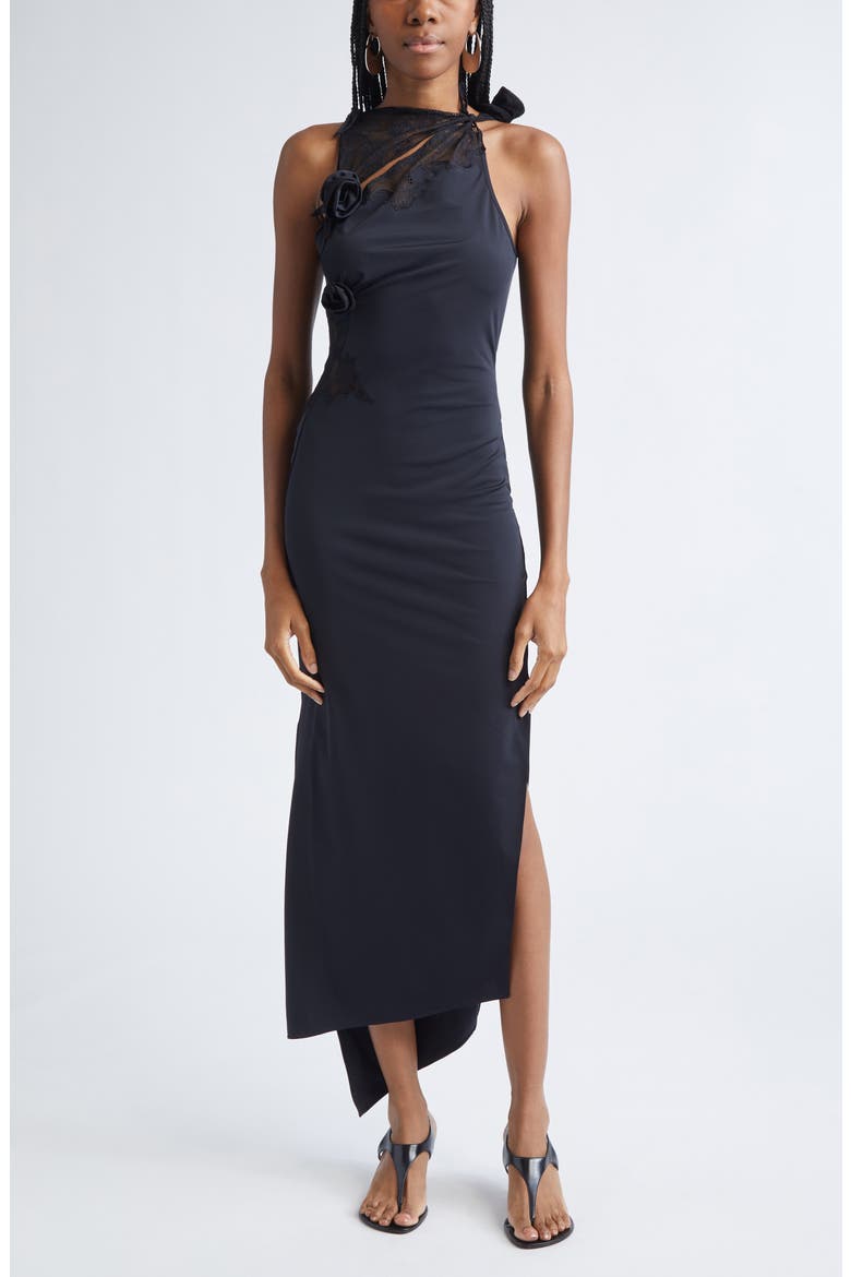 Flower Asymmetric Lace Dress, Main, color, BLACK