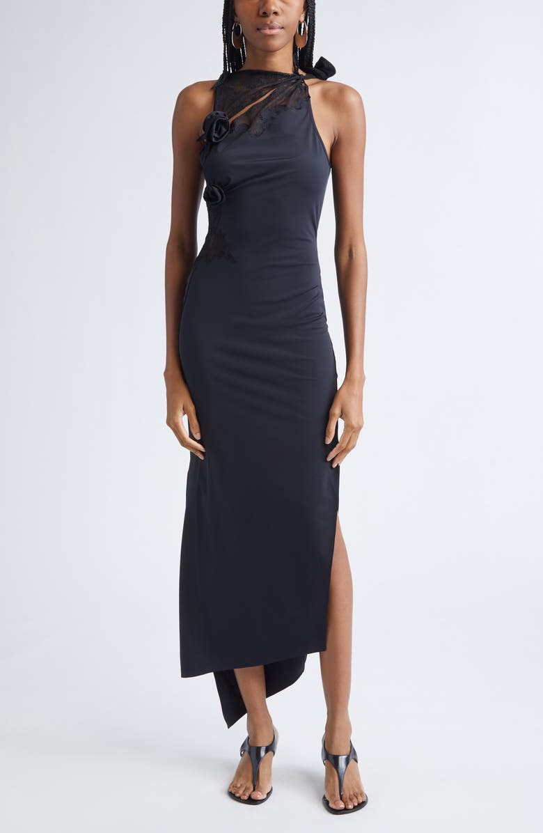 Coperni Flower Asymmetric Lace Dress, Main, color, Black