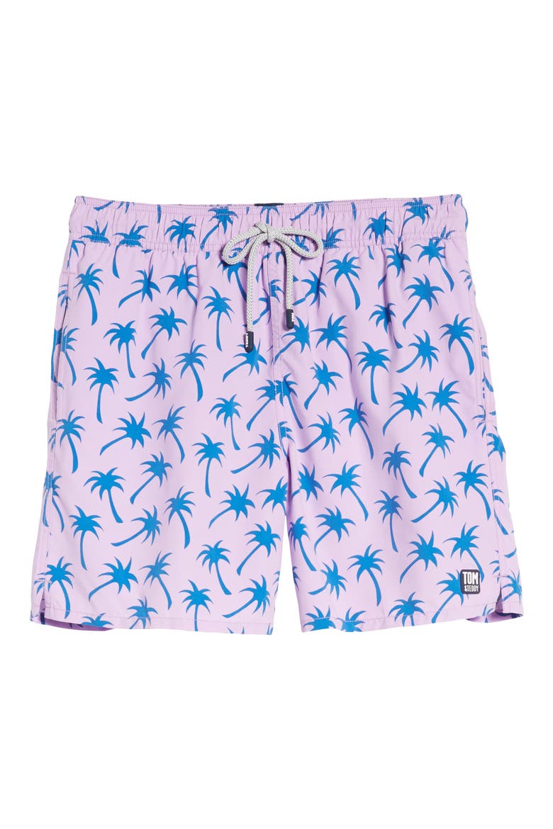 Palm Print Swim Trunks, Alternate, color, LAVENDER / BLUE