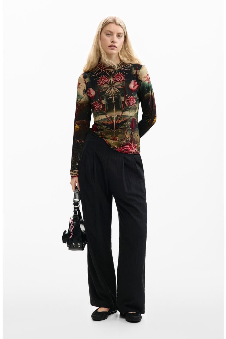 Floral Print Long Sleeve T-Shirt, Alternate, color, BLACK