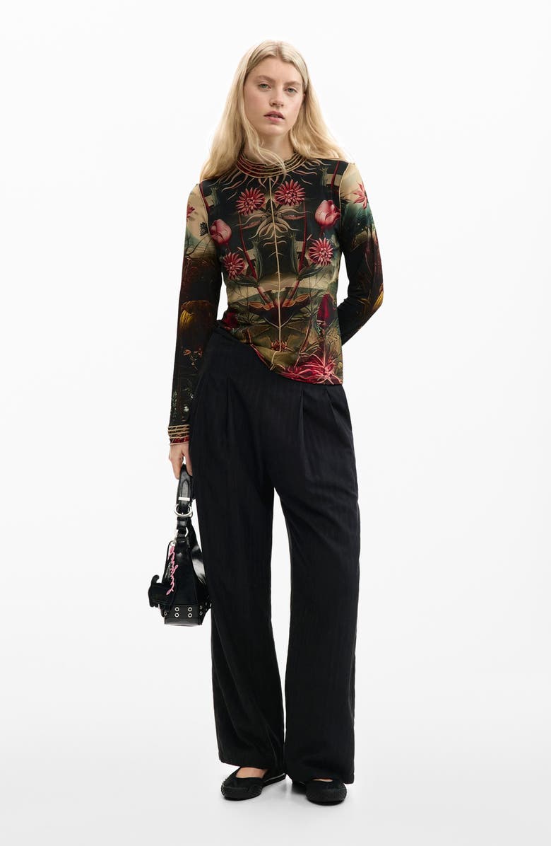 Desigual Floral Print Long Sleeve T-Shirt, Alternate, color, Black