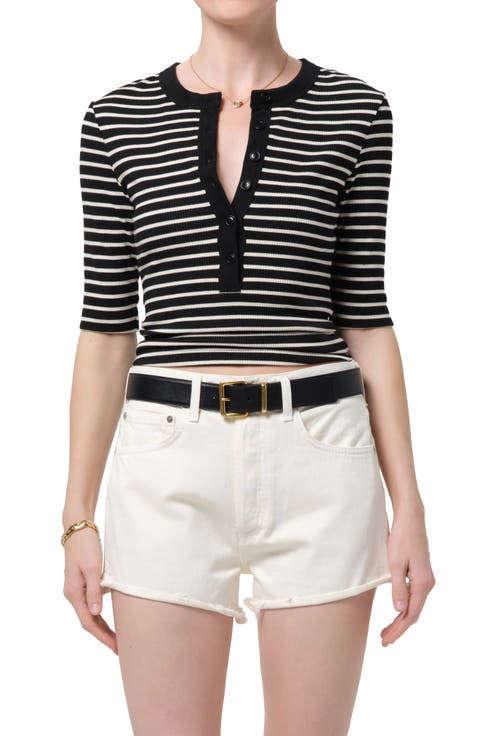 Nali Stripe Cotton Blend Rib Henley Top