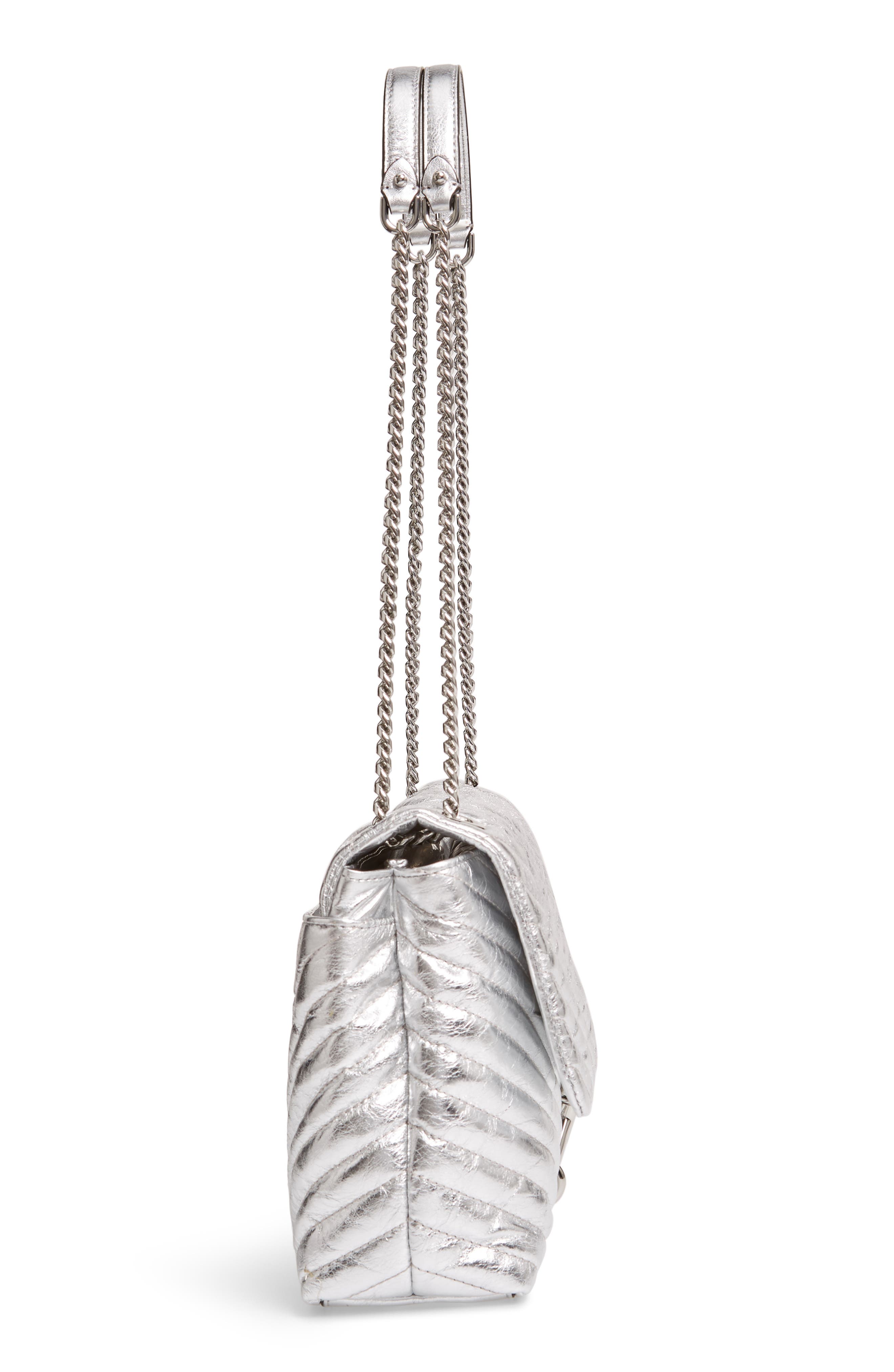 Edie Metallic Leather Shoulder Bag, Alternate, color, SILVER