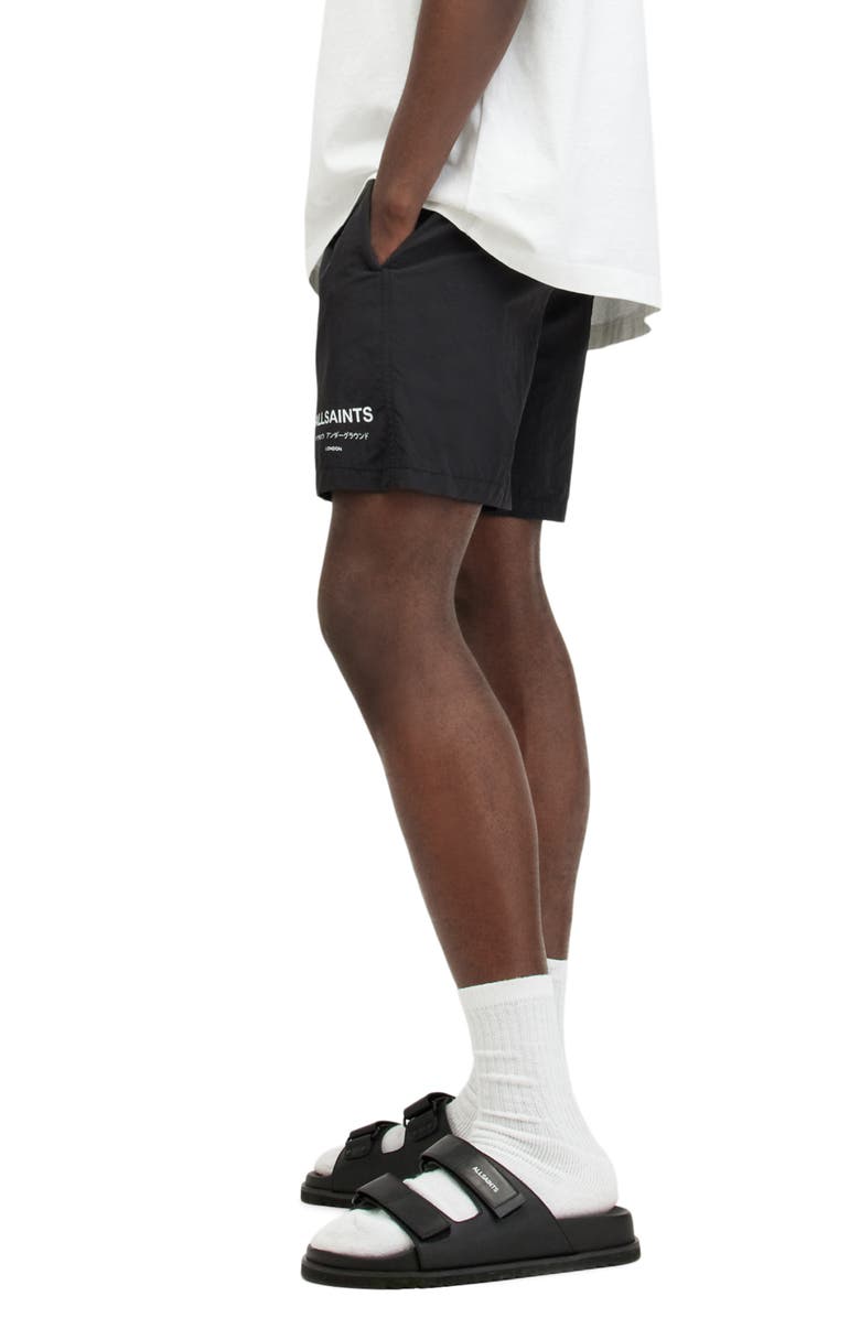 AllSaints Underground Logo Print Swim Trunks, Alternate, color, Jet Black