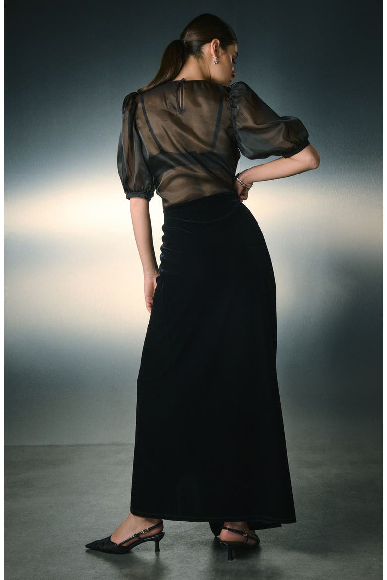 Velvet Drape Front Maxi Skirt, Alternate, color, BLACK