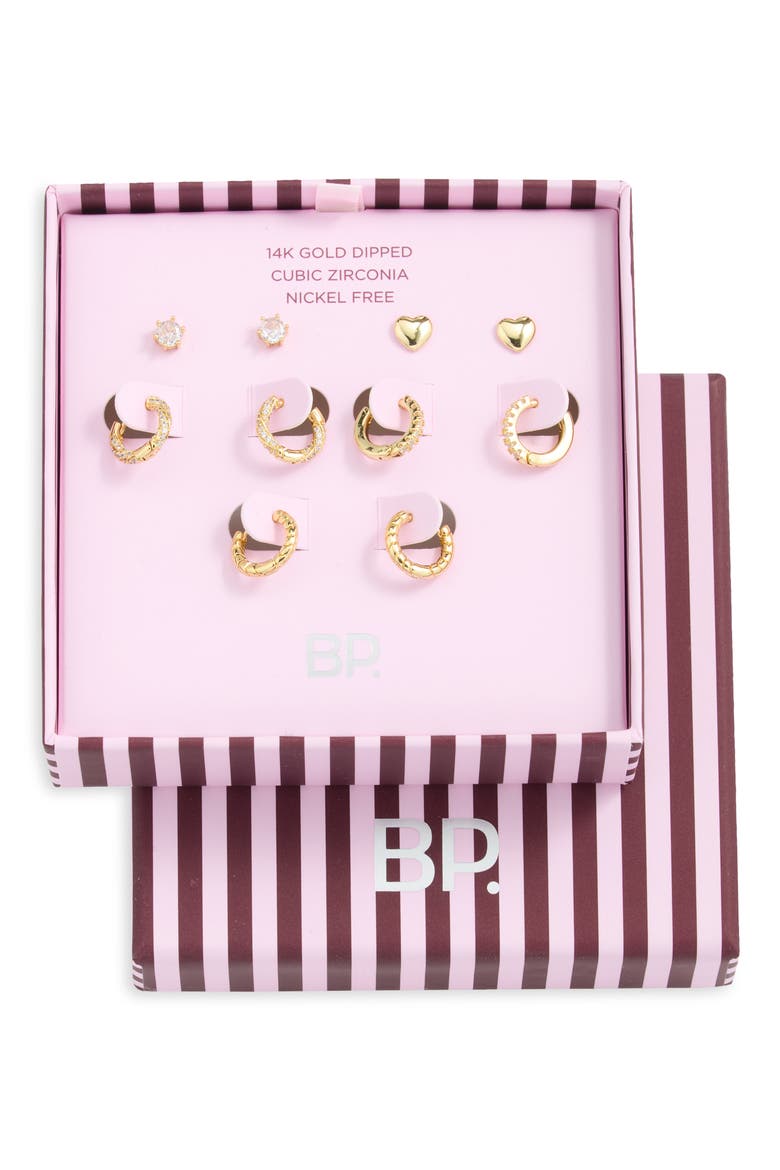 Set of 5 14k Gold Dipped Cubic Zirconia Earrings, Main, color, 14K GOLD DIPPED