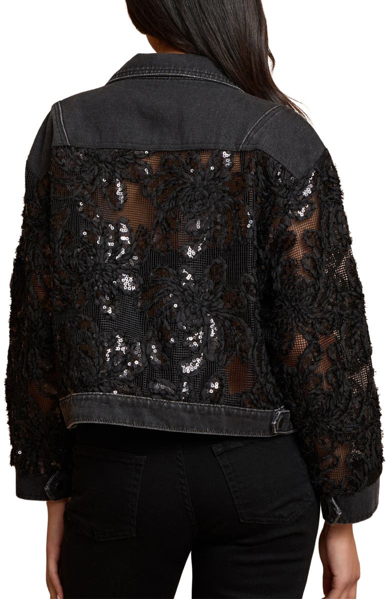 SAACHI Lace Trim Denim Trucker Jacket, Alternate, color, Black