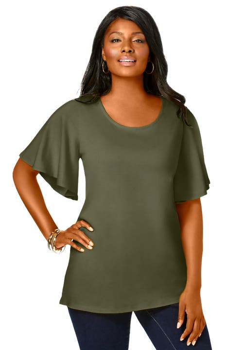 Jessica London Stretch Knit Flutter Sleeve Tunic In Green