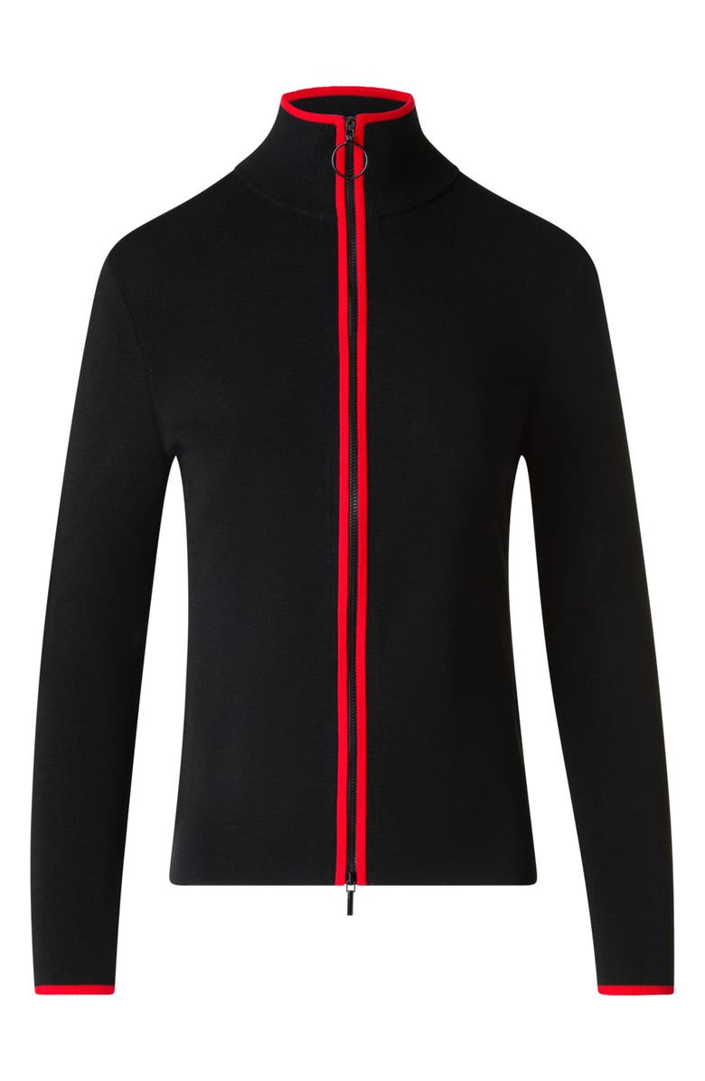 Akris punto Contrast Trim Stretch Merino Wool Zip Front Cardigan, Alternate, color, Black-Vermillion