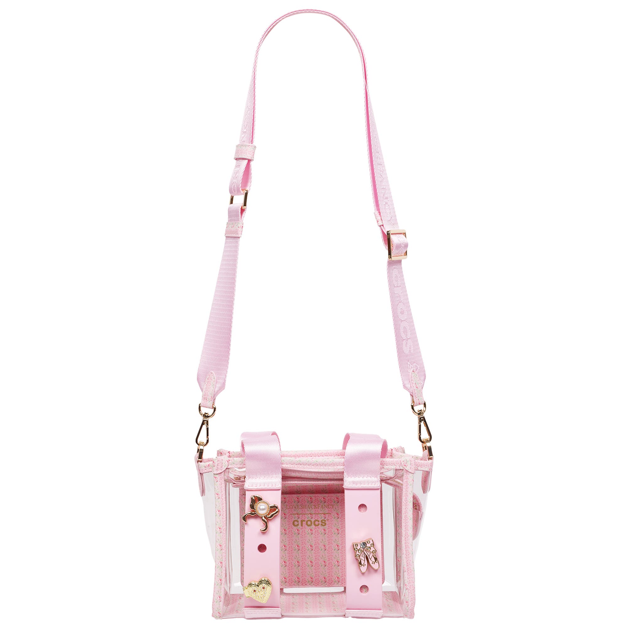 CROCS x LoveShackFancy Clear Mini Tote Crocssbody Bag With Charm details and Dust bag, Alternate, color, 