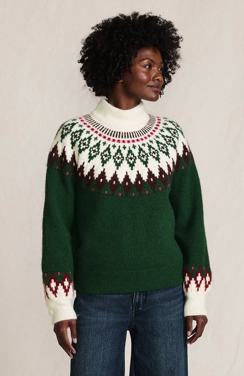 Fuzzy Turtleneck Lantern Sleeve Jacquard Sweater