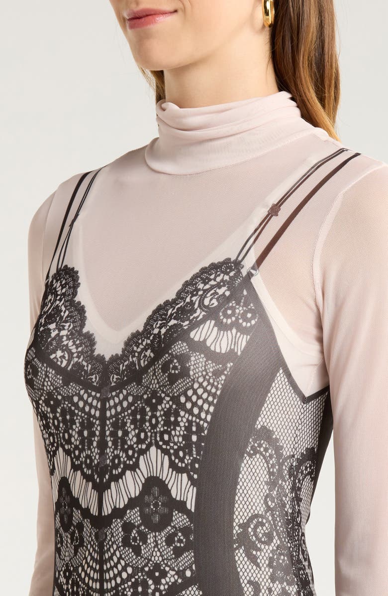 AFRM Billie Trompe l'Oeil Long Sleeve Mesh Maxi Dress, Alternate, color, Corset Slip