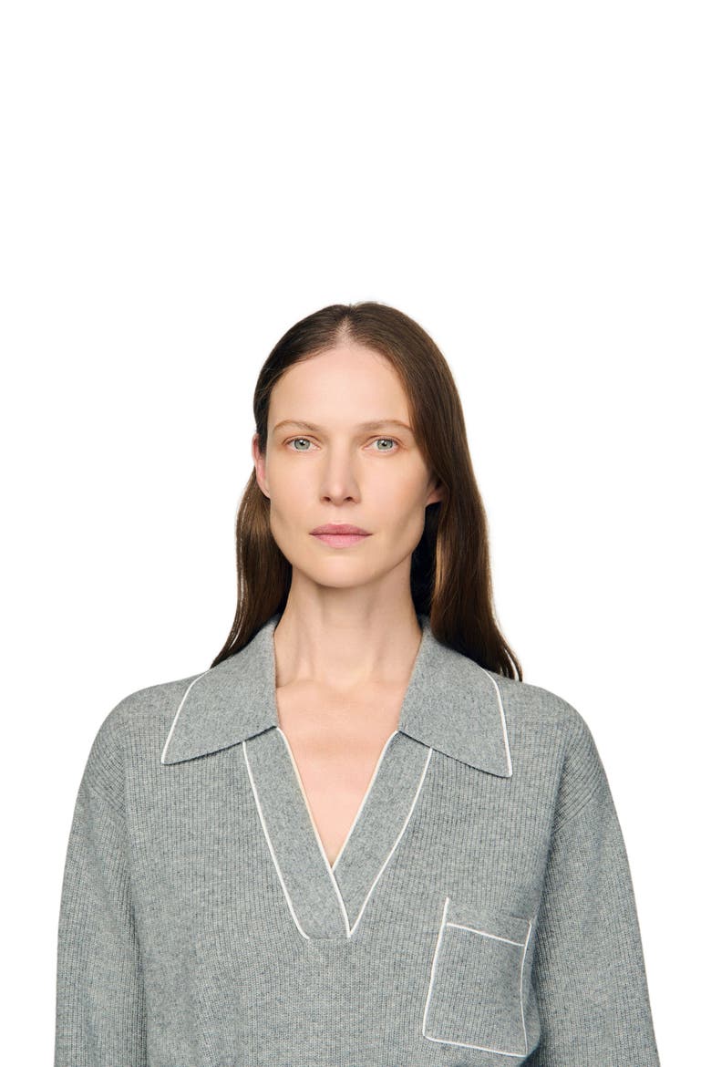 Open polo-collar neck sweater, Alternate, color, Grey