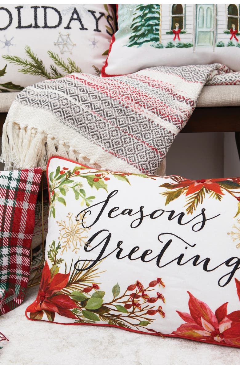 C&F Home Seasons Greetings Poinsettia Printed and Embroidered Christmas Throw Pillow, 14" x 22", Alternate, color, White