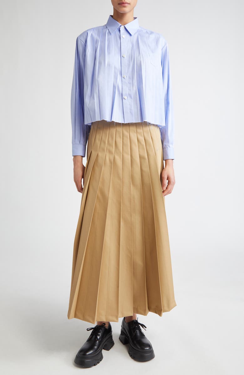 Undercover Pleated Raw Hem Crop Button-Up Shirt, Alternate, color, 