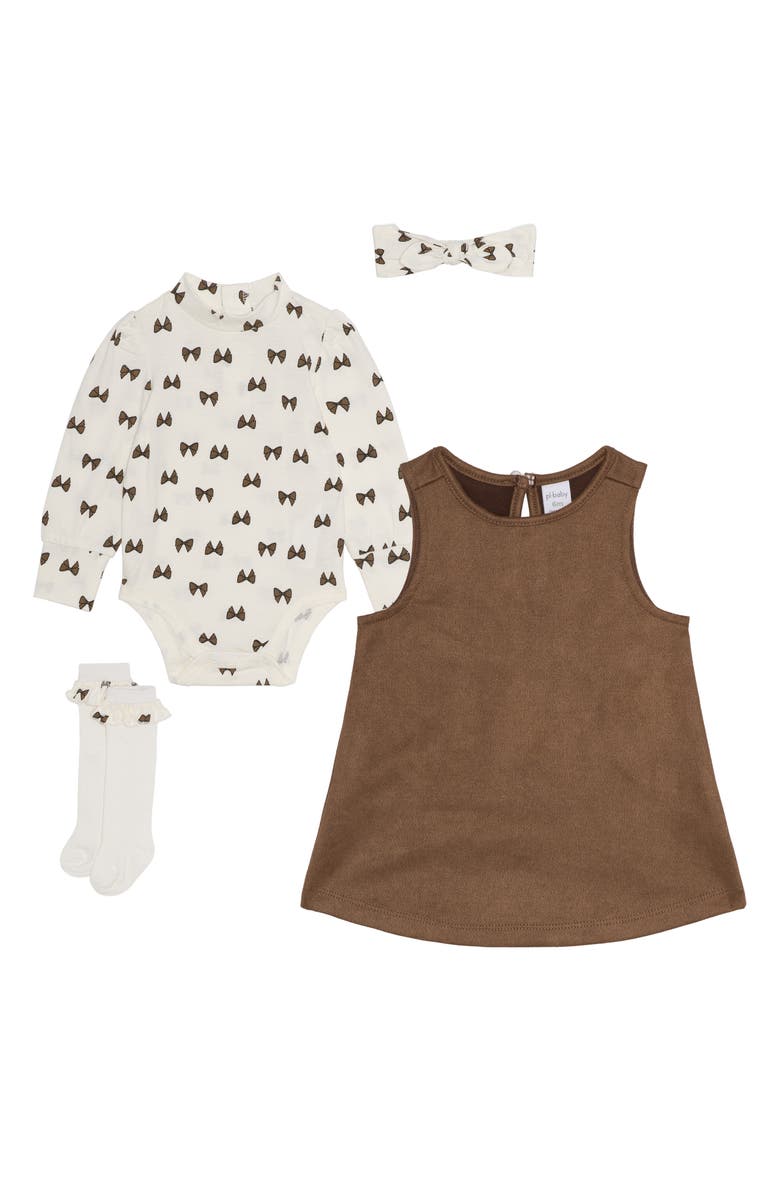PL Baby by Petit Lem Bow Bodysuit, Faux Suede Dress, Socks & Headband Set, Main, color, Bows
