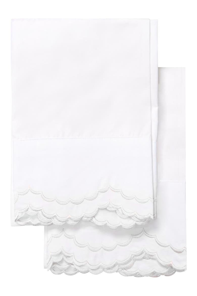Set of 2 Double Scallop Embroidered 300 Thread Count Cotton Pillowcases, Main, color, WHITE