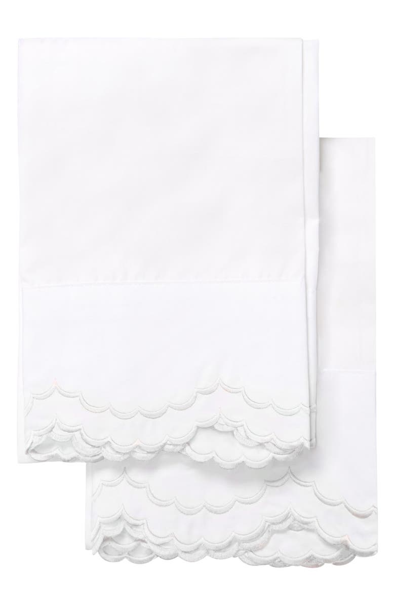 MELANGE HOME Set of 2 Double Scallop Embroidered 300 Thread Count Cotton Pillowcases, Main, color, White
