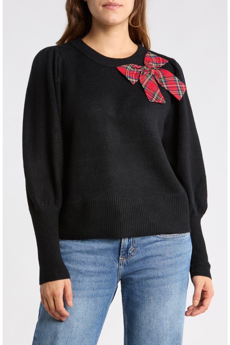 Plaid Bow Sweater, Main, color, RICH BLACK