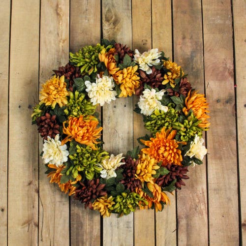 Northlight Autumn Orange And Green Chrysanthemum Artificial Thanksgiving Wreath In Orange