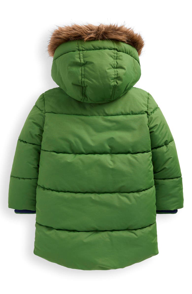 Mini Boden Kids' Fleece Lined Faux Fur Hooded Puffer Coat, Alternate, color, Color Block Green