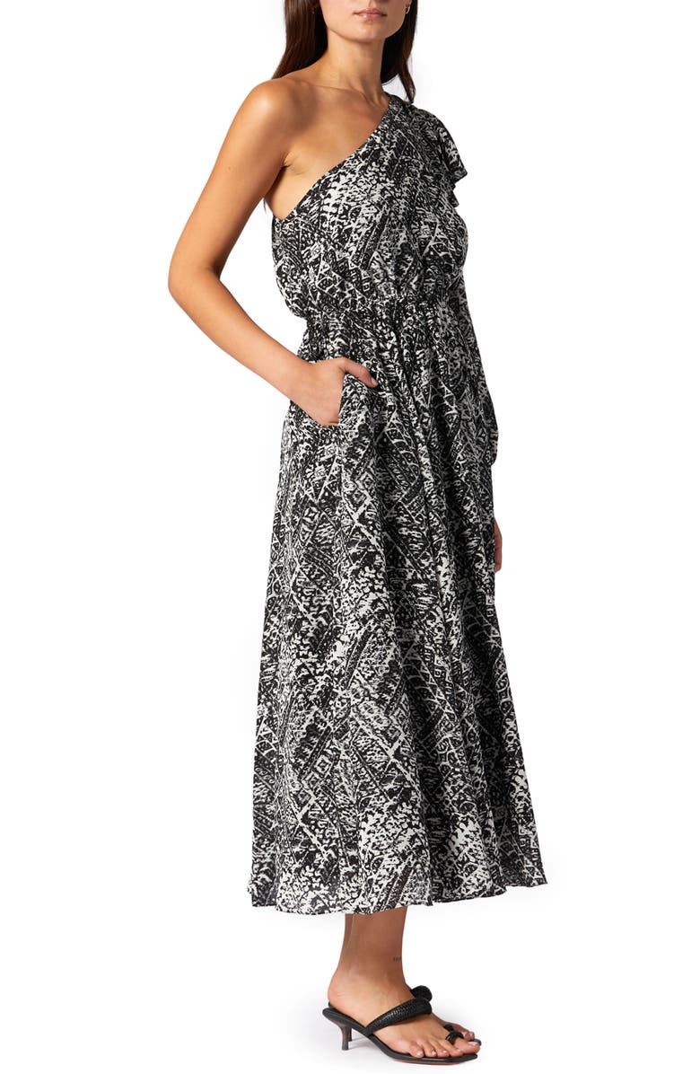 Joie June Ikat Print One-Shoulder Silk Dress, Alternate, color, Porcelain And Caviar