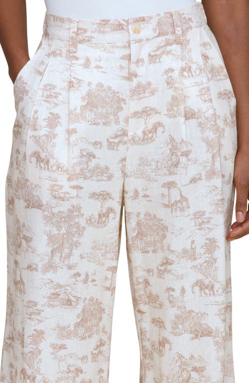 Avec Les Filles Allover Print Linen Blend Straight Leg Pants In Savanna Toile Khaki