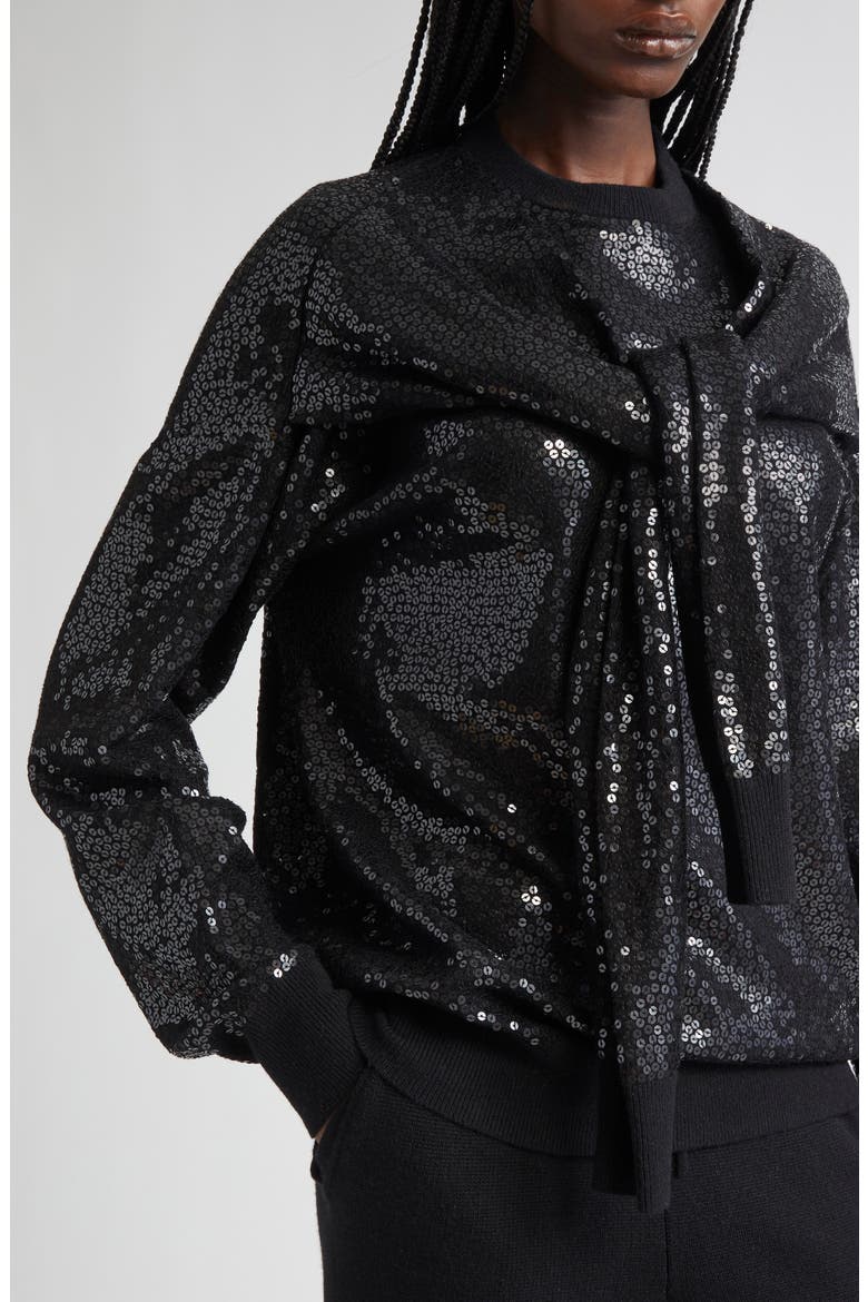 Sequin Embellished Scarf Tie Cashmere Crewneck Sweater, Alternate, color, BLACK