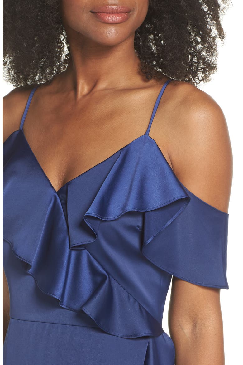 Faux Wrap Satin Ruffle Dress, Alternate, color, NAVY