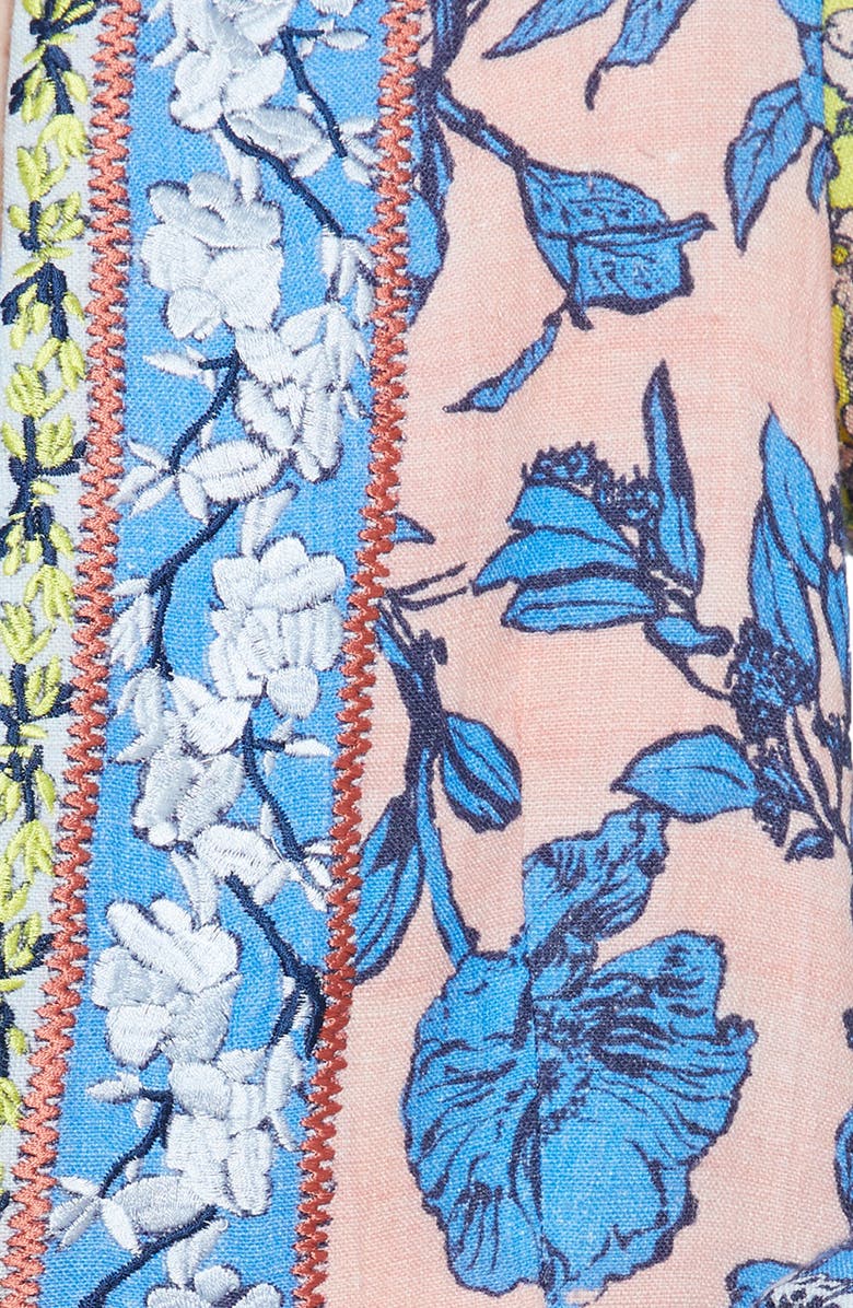 Alice + Olivia Simpson Embroidered Border Linen Blend Long Blazer, Alternate, color,