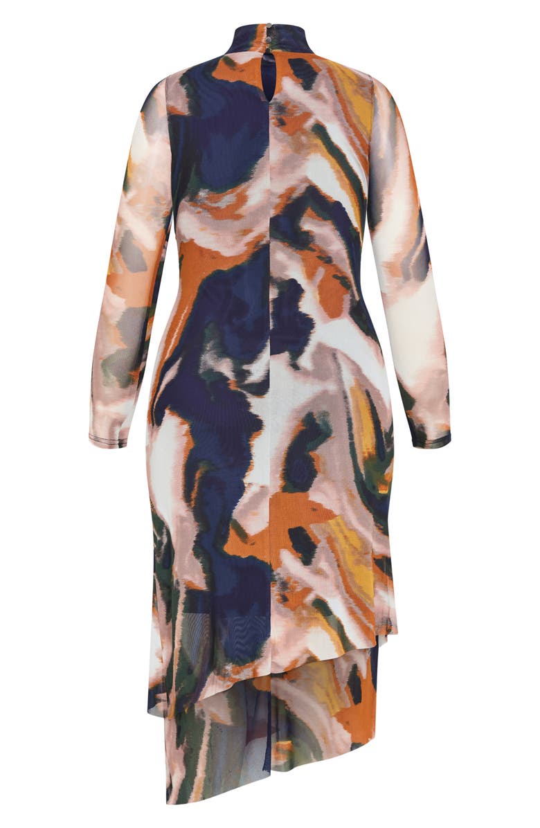 City Chic Zia Print Long Sleeve Ruched Mesh Dress, Alternate, color, Glaze