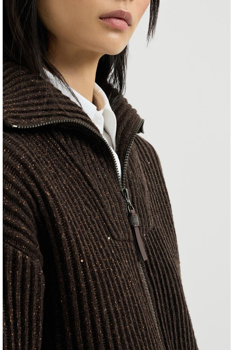 Sparkling & Dazzling cashmere and wool ribbed cardigan with shiny zipper pull, Alternate, color, Coffee